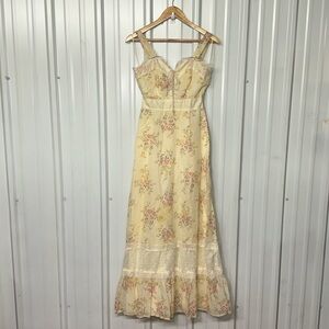 Vintage Cottagecore Floral Lace Trim Prairie Maxi Dress Women XS Romantic Boho